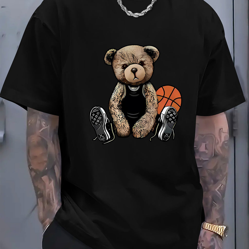 [Cotton Men's T-Shirt] Soft Cotton Men's Casual T-Shirt | Funny Basketball Bear Print, Short Sleeve, Round Neck, Summer Tee for Men | Sporty Urban Style, Playful Graphic Tee, Basketball Shirt