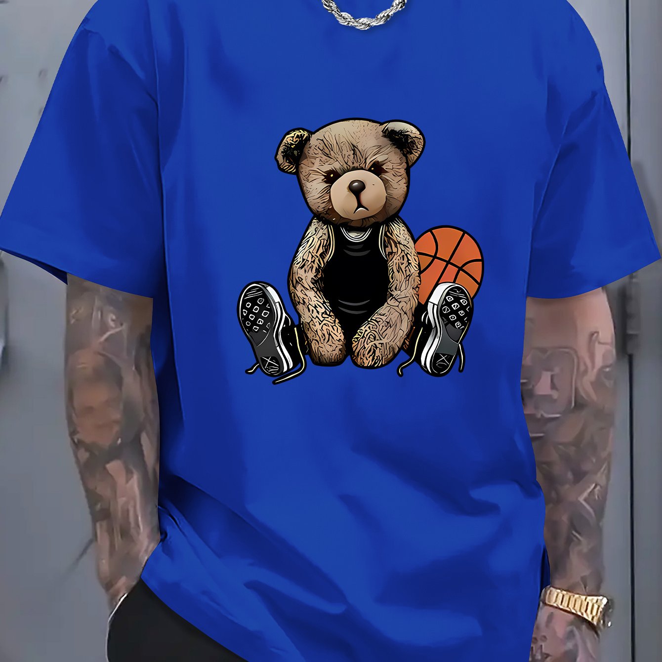 [Cotton Men's T-Shirt] Soft Cotton Men's Casual T-Shirt | Funny Basketball Bear Print, Short Sleeve, Round Neck, Summer Tee for Men | Sporty Urban Style, Playful Graphic Tee, Basketball Shirt