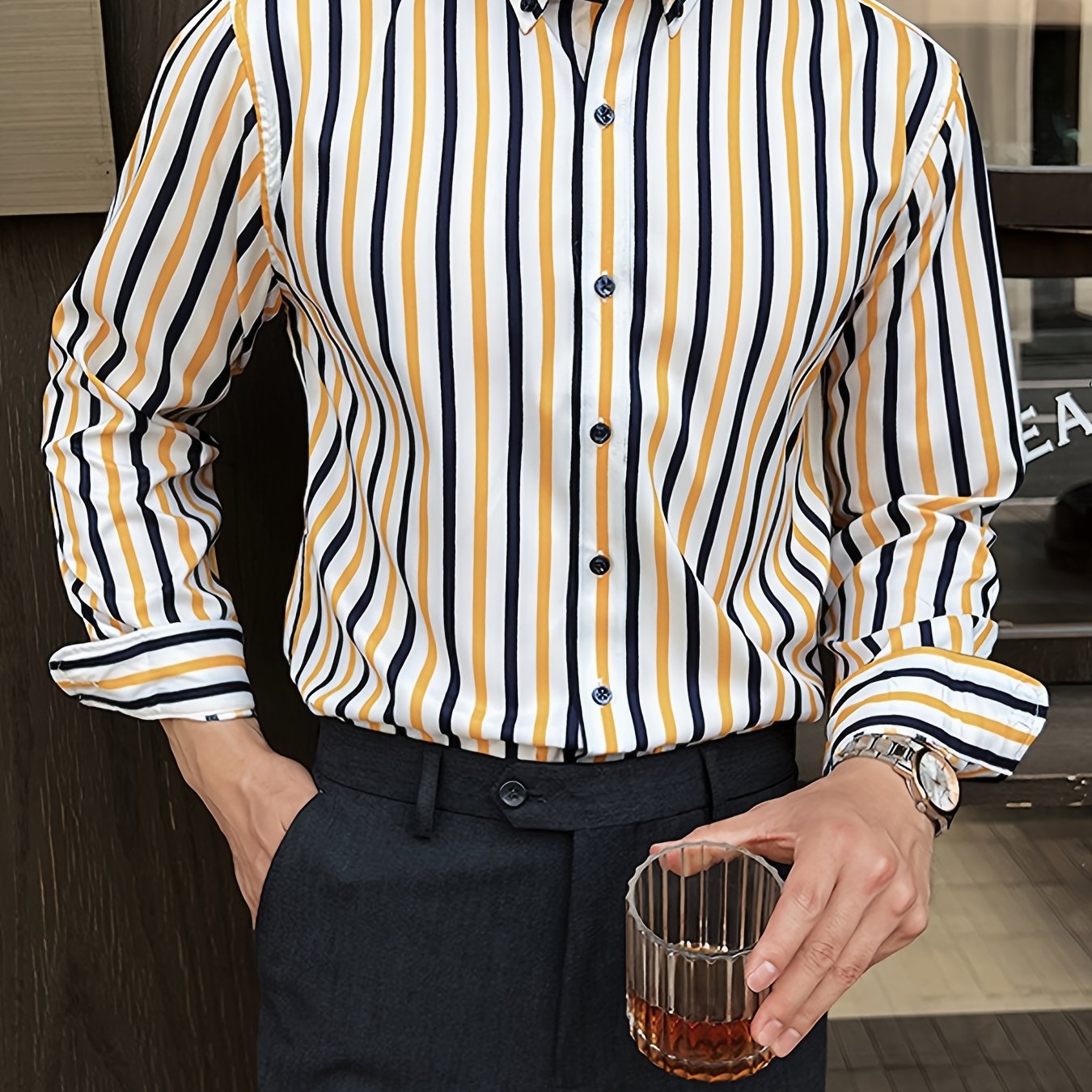 A Classic Regular-Fit Men'S Dress Shirt with Wide Vertical Stripes.